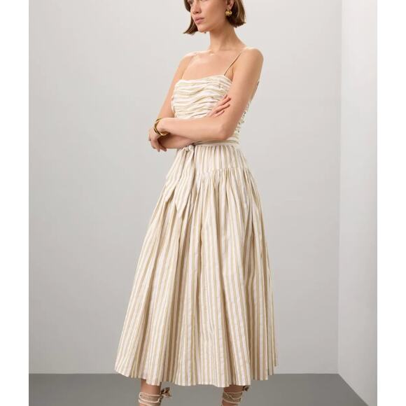 Toccin Brown Stripe Fit and Flare Midi Dress Size 12 Cotton Ruched Designer $475 - Picture 1 of 11
